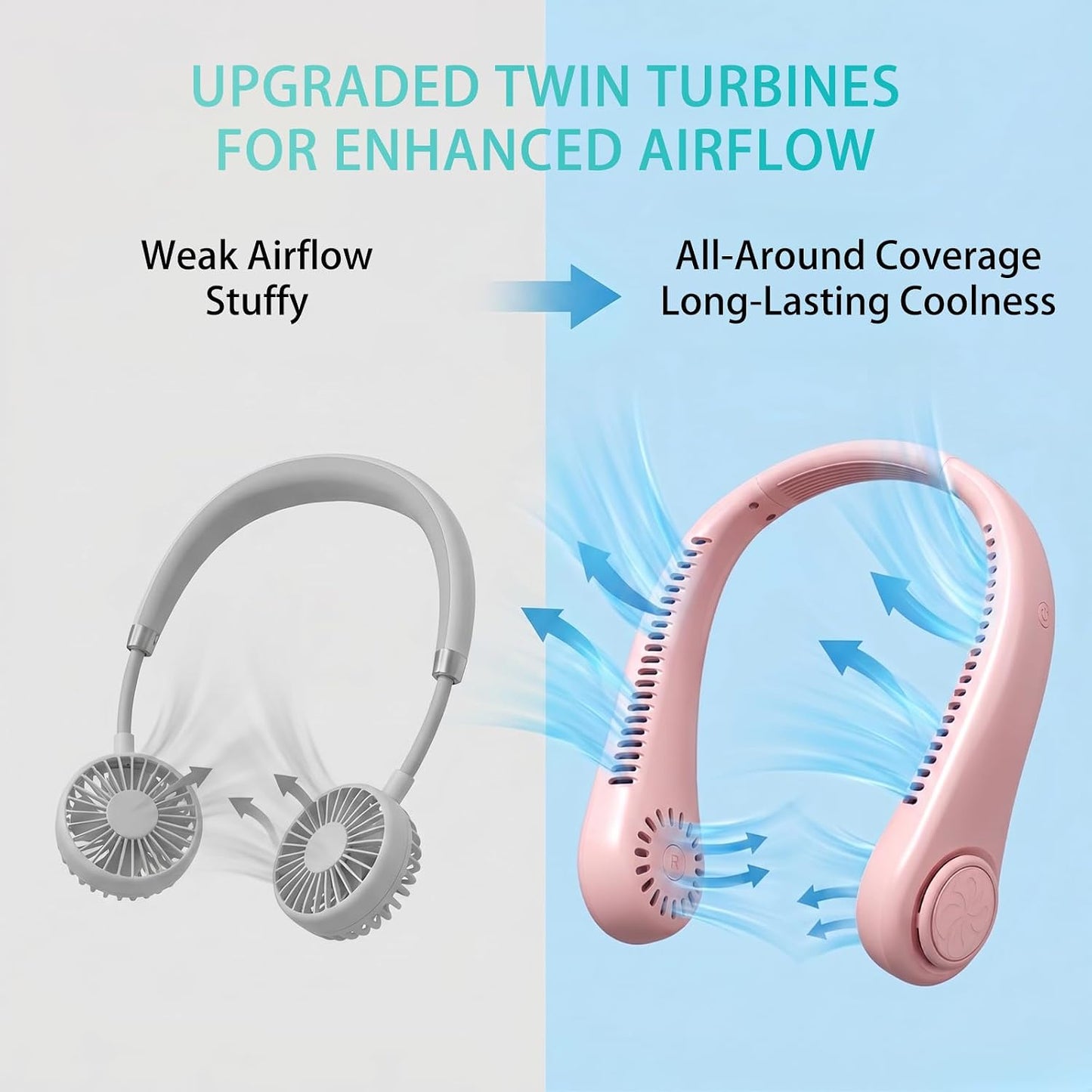 Hands-Free Neck Fan, Personal Portable Fan 3 Speeds, Bladeless Display, Stereo Airflow Personal Cooling Fan for Outdoor, Sports, Travel, Office, Makeup (Pink)