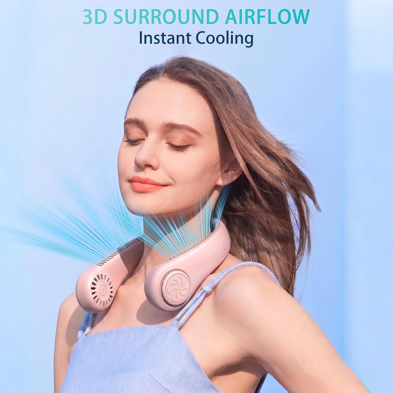Hands-Free Neck Fan, Personal Portable Fan 3 Speeds, Bladeless Display, Stereo Airflow Personal Cooling Fan for Outdoor, Sports, Travel, Office, Makeup (Pink)