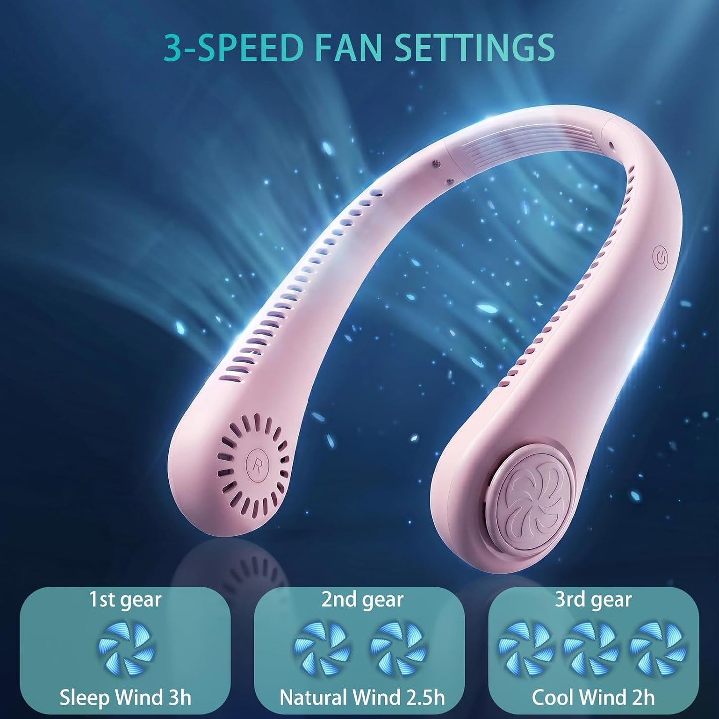 Hands-Free Neck Fan, Personal Portable Fan 3 Speeds, Bladeless Display, Stereo Airflow Personal Cooling Fan for Outdoor, Sports, Travel, Office, Makeup (Pink)