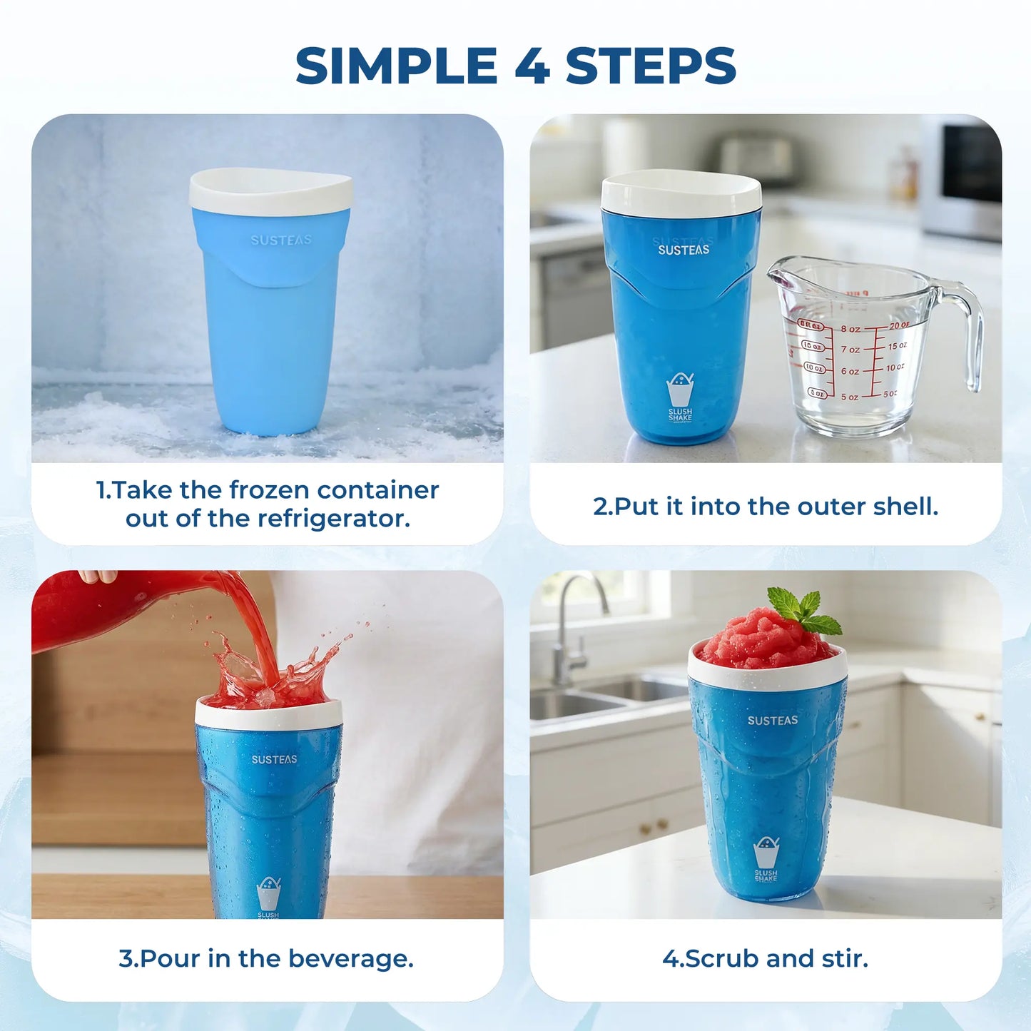 SUSTEAS Compact Slush and Shake Maker with Freezer Core for Quick Single-Serving Smoothies, Slushies, and Milkshakes, BPA-Free, Blue
