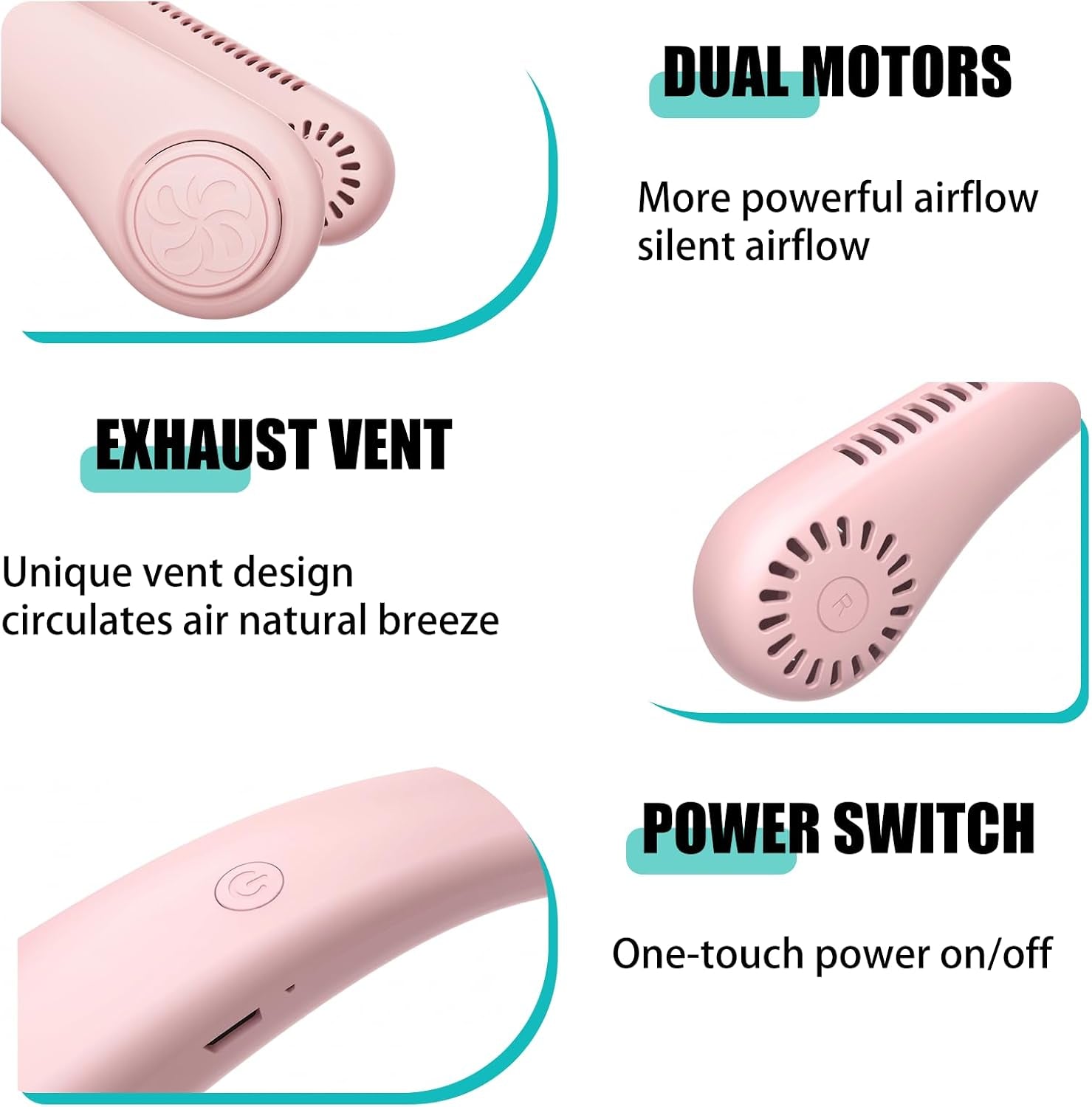 Hands-Free Neck Fan, Personal Portable Fan 3 Speeds, Bladeless Display, Stereo Airflow Personal Cooling Fan for Outdoor, Sports, Travel, Office, Makeup (Pink)
